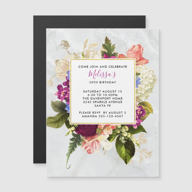 Modern Pink & White Watercolor Floral Birthday Magnetic Invitation (Front/Back)