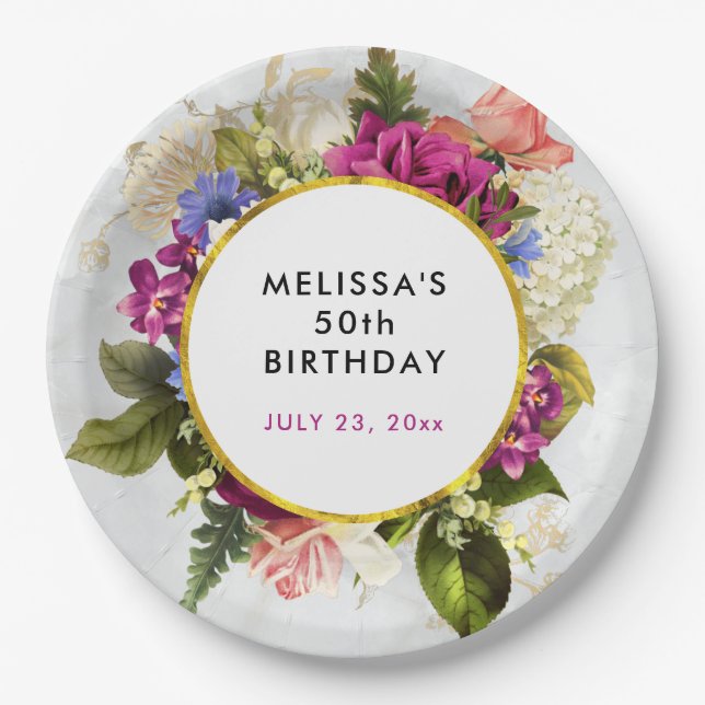Modern Pink & White Watercolor Floral Birthday Paper Plate (Front)