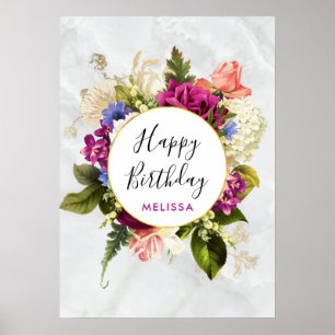 Modern Pink & White Watercolor Floral Birthday Poster