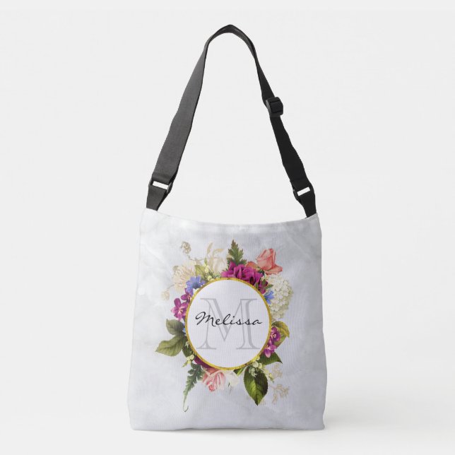 Modern Pink & White Watercolor Floral Bouquet Crossbody Bag (Front)