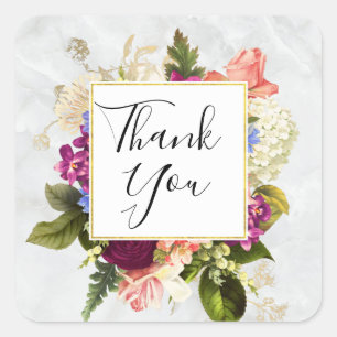 Modern Pink & White Watercolor Floral Thank You Square Sticker