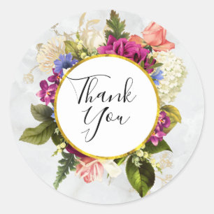 Modern Pink & White Watercolor Flowers Thank You Classic Round Sticker