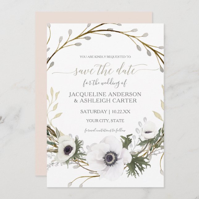 Modern Pink White Willow Eucalyptus Save the Date Invitation (Front/Back)