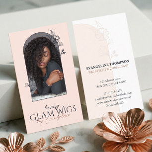Modern Pink Wig Hair Salon Floral Rose Arch Photo Business Card