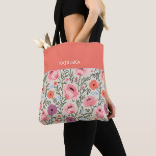 Modern Pink Wildflowers with Name Tote Bag