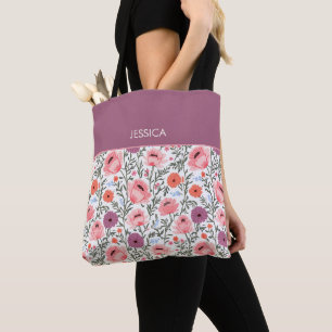 Modern Pink Wildflowers with Name Tote Bag