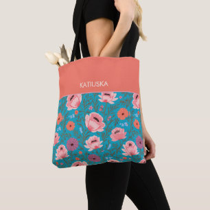 Modern Pink Wildflowers with Name Tote Bag