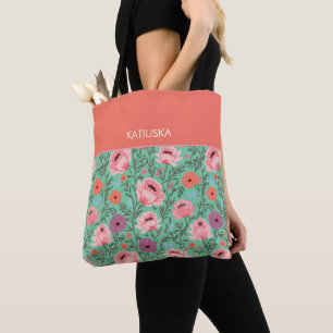 Modern Pink Wildflowers with Name Tote Bag