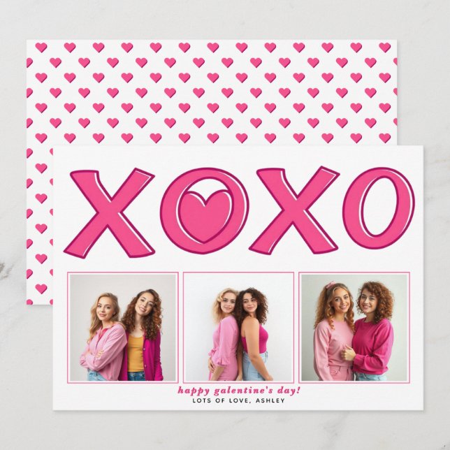 Modern pink XOXO Galentines Day heart photo Holiday Card (Front/Back)