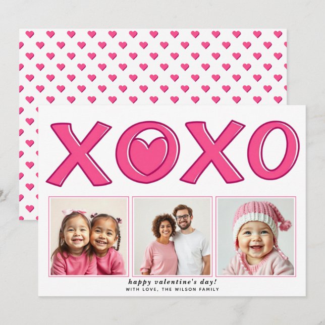 Modern pink XOXO Valentine's Day heart photo Holiday Card (Front/Back)