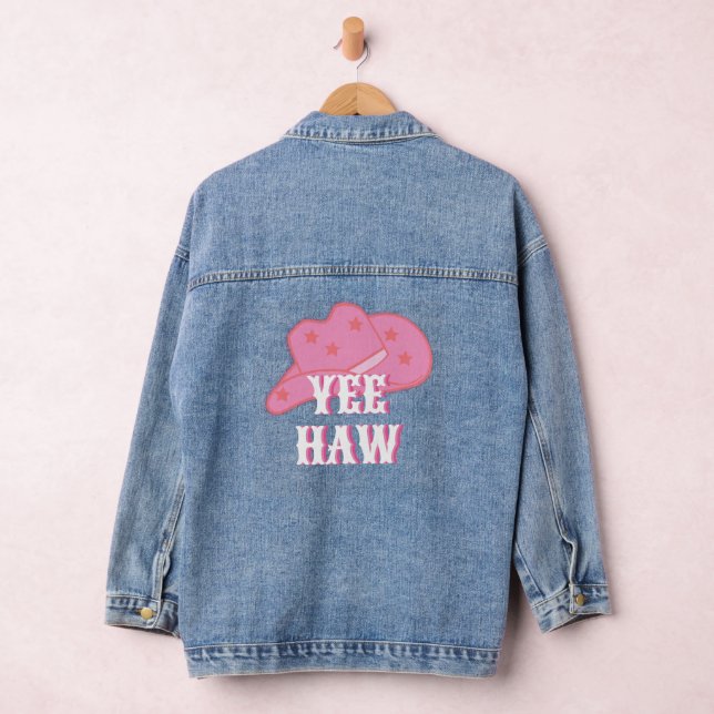Modern Pink Yee Haw Cowgirl Cowboy Hat Rodeo Denim Jacket (Hangar)