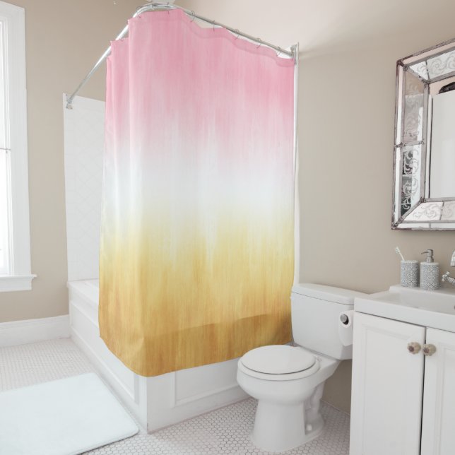 Modern Pink Yellow Brushstrokes Ombre Shower Curtain (In Situ)
