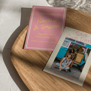 Modern Pink Yellow Colourful Pastel Photo Wedding Save The Date