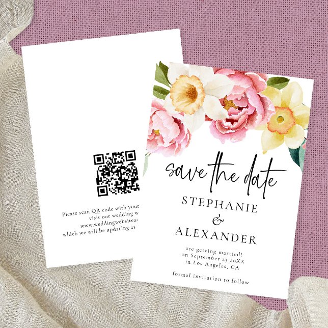 Modern Pink Yellow Florals Script QR Code Wedding Save The Date (Creator Uploaded)