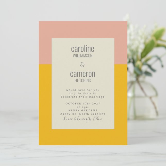 Modern Pink Yellow Geometric Typography Wedding Invitation (Standing Front)