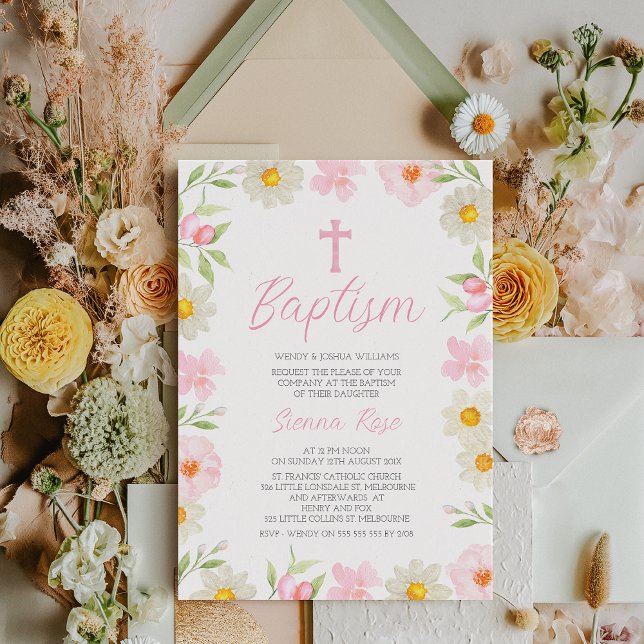 Modern Pink Yellow Girls Spring Floral Baptism  Invitation (Modern Floral Baptism Invitation for Baby Girl, Pastel Floral Baptism Invitation, Watercolor Pink)