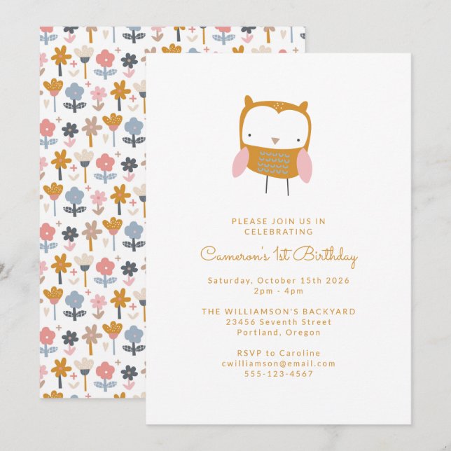 Modern Pink Yellow Owl Flower Simple 1st Birthday  Invitation (Front/Back)