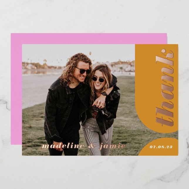 Modern Pink Yellow Retro Arch Wedding Thank You (Front/Back)