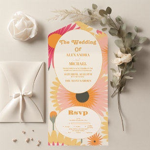 Modern Pink & Yellow Retro Floral Wedding All In One Invitation