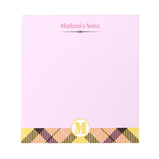 Modern Pink Yellow Tartan Monogram Script Name Notepad (Front)