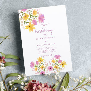 Modern pink yellow watercolor floral wedding invitation