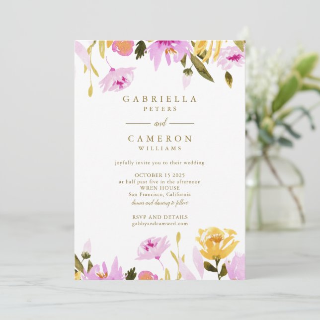 Modern Pink Yellow Watercolor Floral Wedding Invitation (Standing Front)