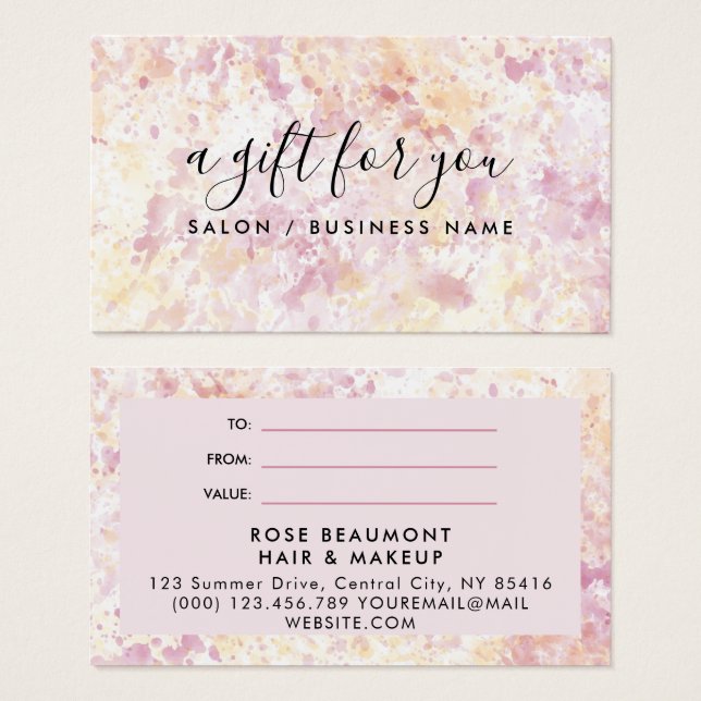 Modern Pink Yellow Watercolor Gift Certificate (Front & Back)