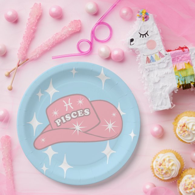 Modern Pisces Zodiac Cowgirl Hat Blue Party   Paper Plate (Party)
