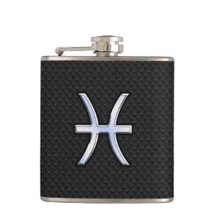 Modern Pisces Zodiac Sign Black Snake Skin style Hip Flask