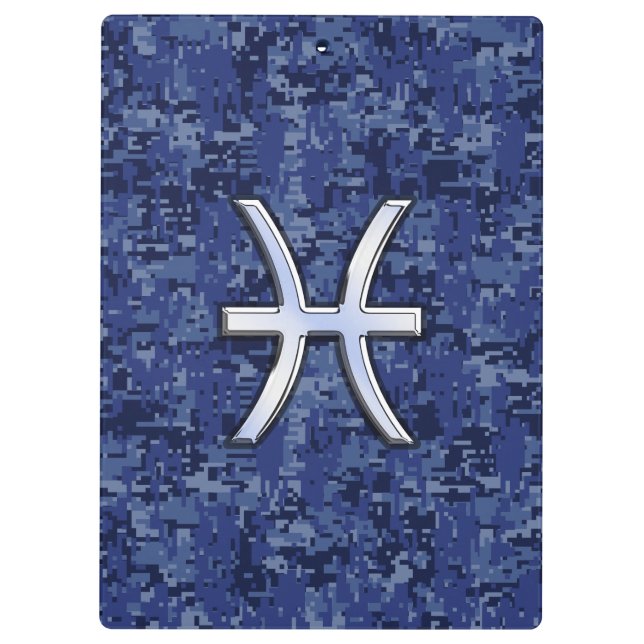 Modern Pisces Zodiac Sign Navy Blue Digital Camo Clipboard (Back)