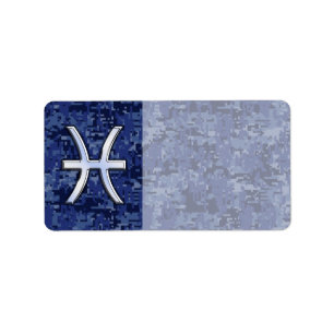 Modern Pisces Zodiac Sign Navy Blue Digital Camo Label
