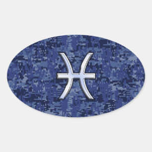 Modern Pisces Zodiac Sign Navy Blue Digital Camo Oval Sticker