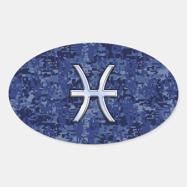 Modern Pisces Zodiac Sign Navy Blue Digital Camo Oval Sticker (Front)