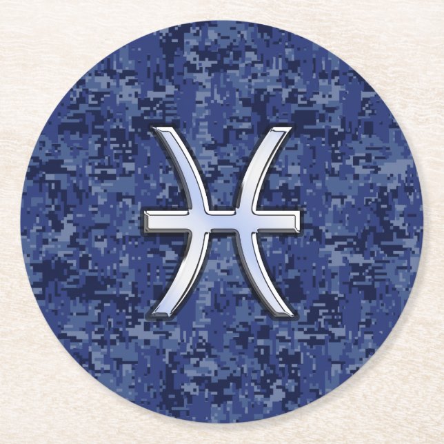 Modern Pisces Zodiac Sign Navy Blue Digital Camo Round Paper Coaster (Front)