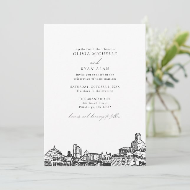 Modern Pittsburgh Skyline Black & White Wedding Invitation (Standing Front)