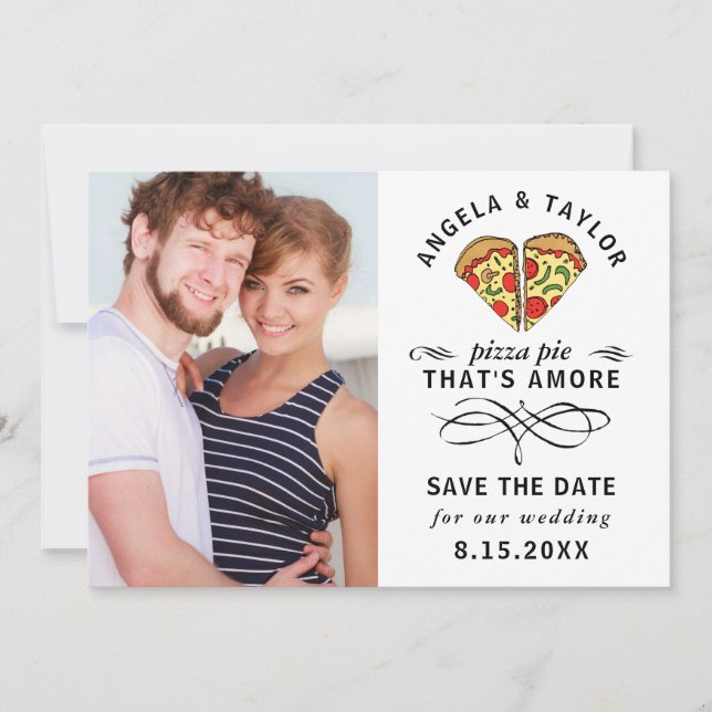 Modern Pizza Amore Black Typography Photo Wedding Save The Date (Front)