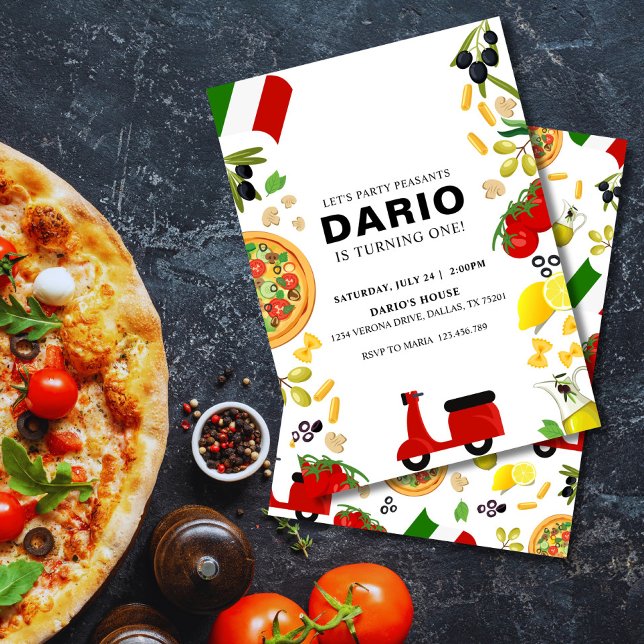 Modern Pizza & Vespa Italian Birthday Invitation (Pizza Uno Birthday Invitation – Vespa & Pizza Theme for Kids Party)