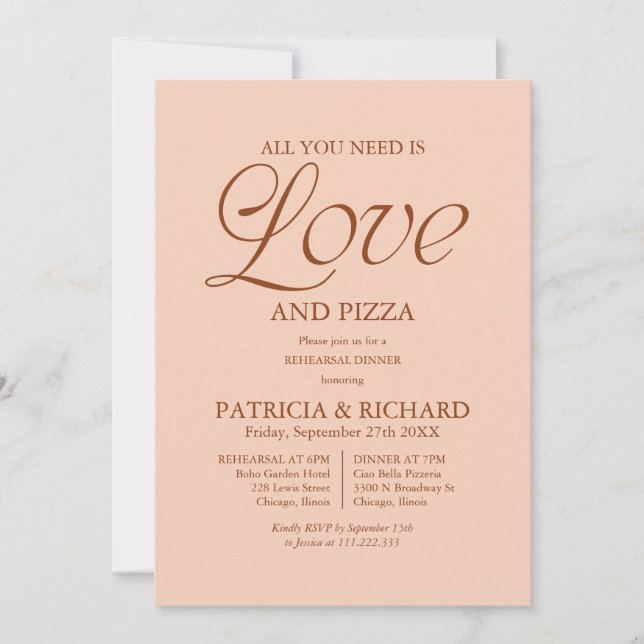 Modern Pizza Wedding Rehearsal Soft Peach Invitation (Front)