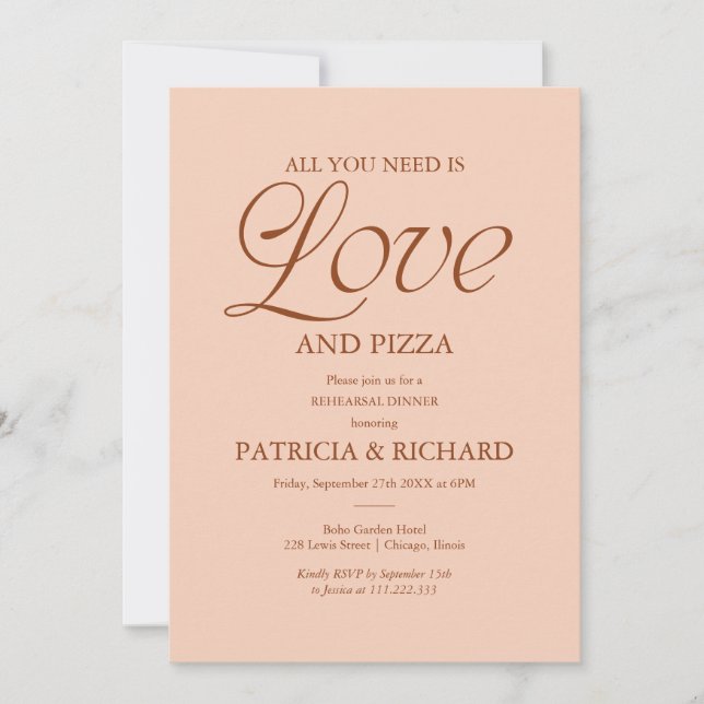Modern Pizza Wedding Rehearsal Soft Peach Invitation (Front)