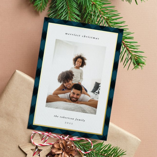 Modern Plaid Border Christmas Photo Foil Holiday Card (Creator Uploaded)