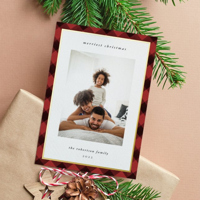 Modern Plaid Border Christmas Photo Foil Holiday Card (Creator Uploaded)