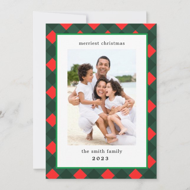 Modern Plaid Border Photo Christmas Holiday Card (Front)