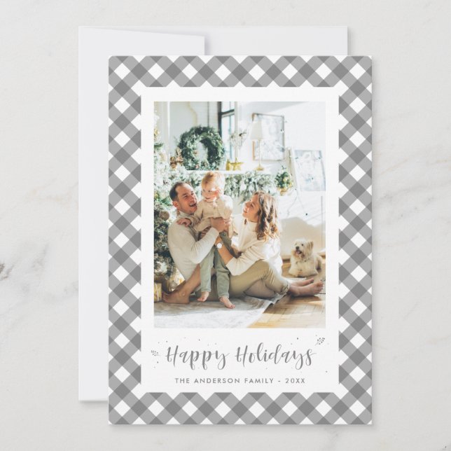 Modern Plaid Calligraphy Photo Holiday Card (Front)