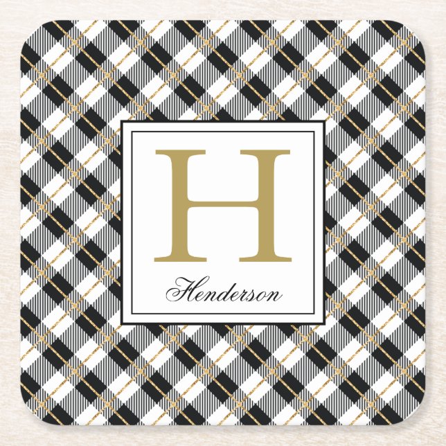 Modern Plaid Check Gold Accents, Monogrammed Square Paper Coaster (Front)