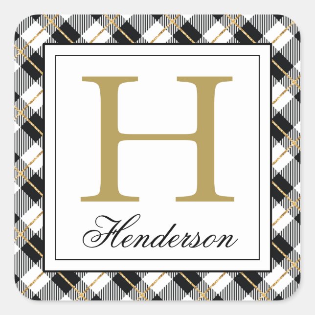 Modern Plaid Check Gold Accents, Monogrammed Square Sticker (Front)