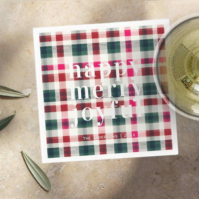 Modern Plaid Christmas | Happy Merry Joyful Napkin (Creator Uploaded)