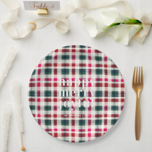 Modern Plaid Christmas   Happy Merry Joyful Paper Plate