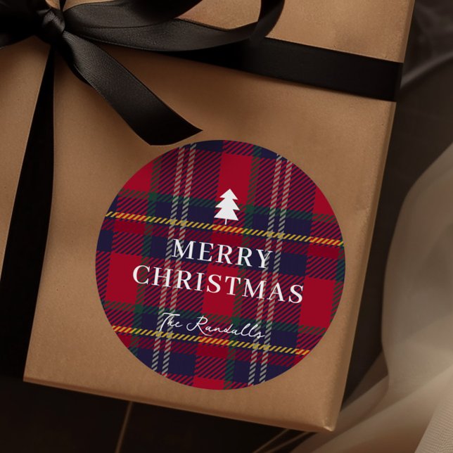 Modern Plaid Christmas Tree  Classic Round Sticker (Rustic red plaid Christmas tree gift tag sticker.)