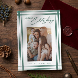 Modern Plaid Frame Elegant Calligraphy Christmas Holiday Card