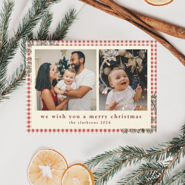 Modern Plaid Greenery Photo Merry Christmas Holiday Card (Creator Uploaded)
